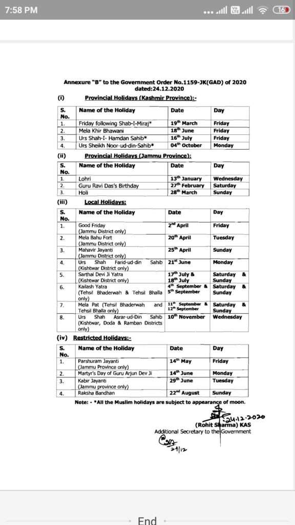 List Of Government Holidays In J K For Year 21