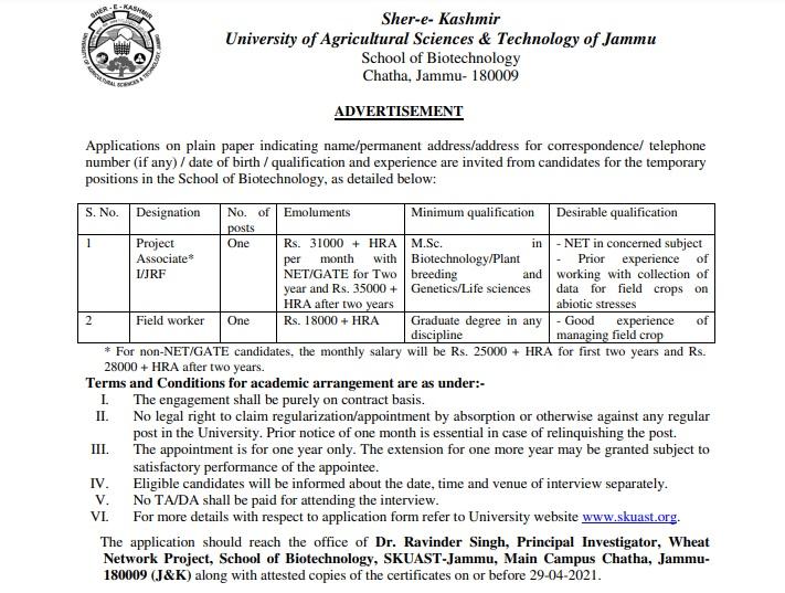 SKUAST Jammu recruitment