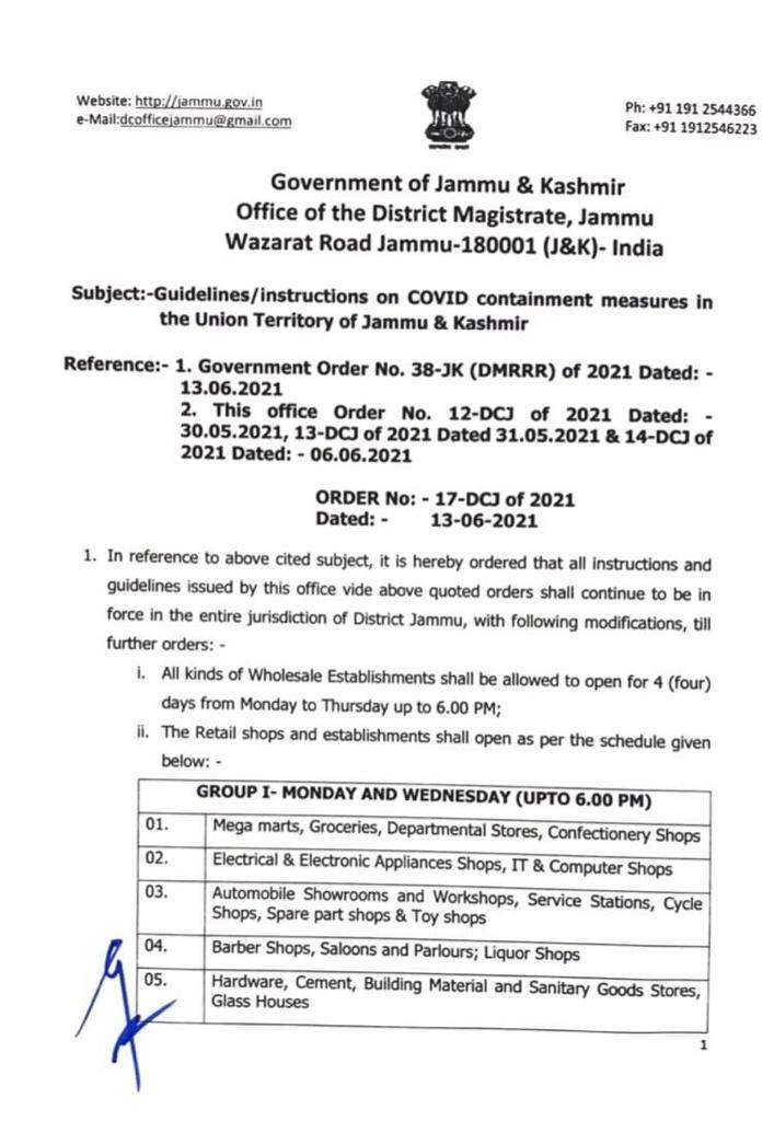 Schedule of shops to be opened in Jammu