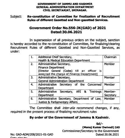 Re-constitution of committee for finalization of recruitment rules of different gazetted and non-gazetted services