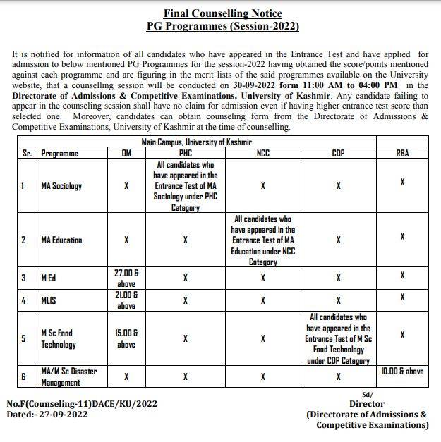 University of Kashmir counselling session for various PG programmes 2