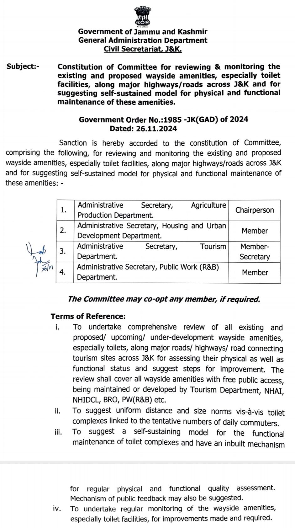 Committee set up to review wayside toilet facilities in J&K