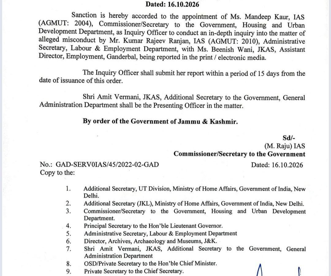 J&K Govt orders in-depth enquiry into alleged misconduct of IAS officer Ranjan with woman JKAS colleague Wani