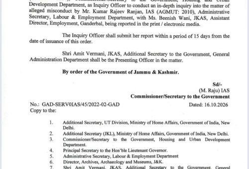 J&K Govt orders in-depth enquiry into alleged misconduct of IAS officer Ranjan with woman JKAS colleague Wani